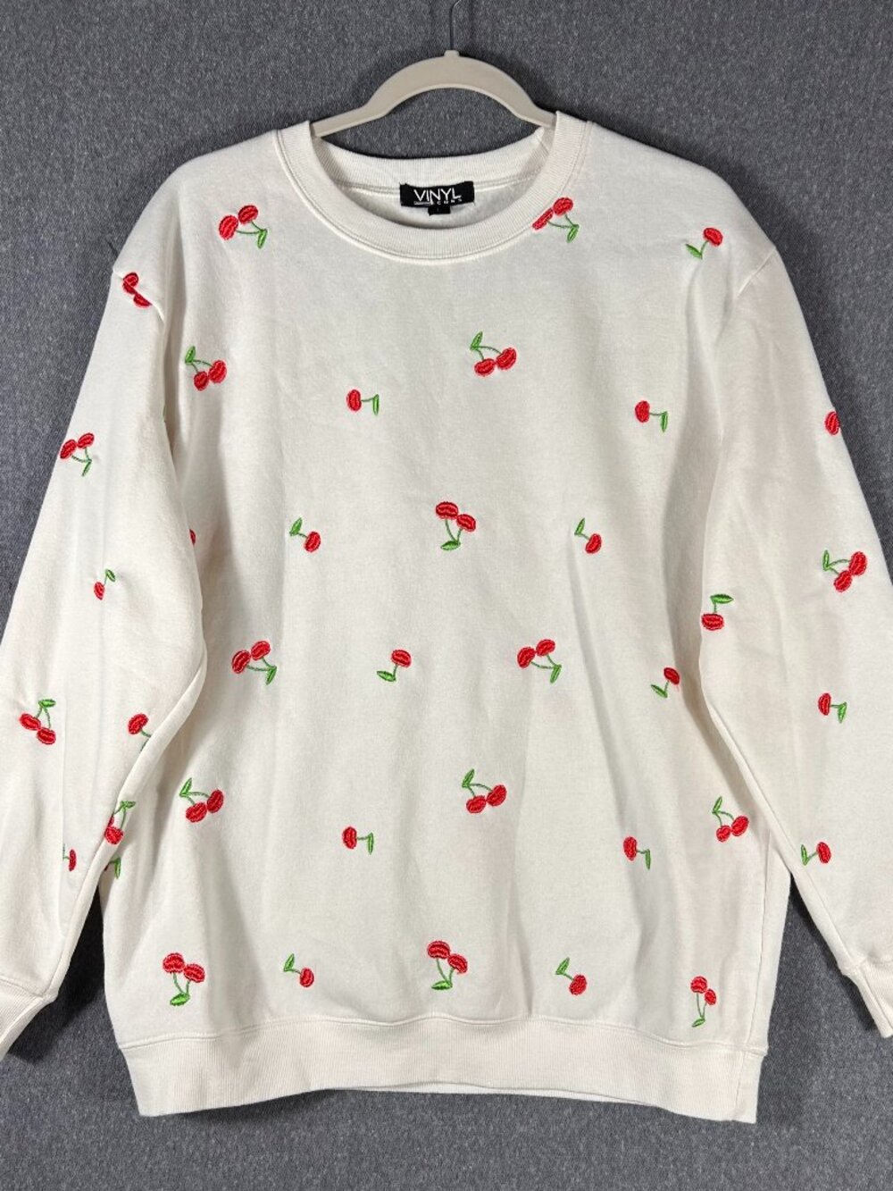 Vinyl Icons Embroided Crewneck Sweatshirt Sz Lg Pink/White/Red/Green Cherries